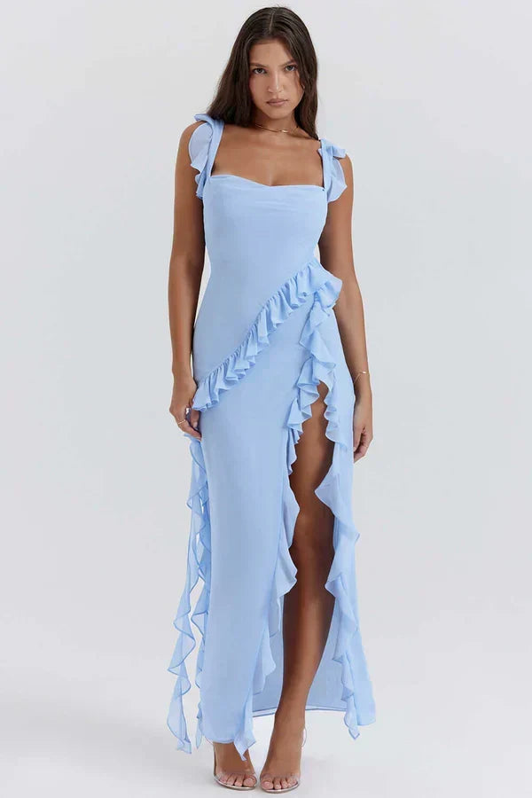 Chiffon Square Neck Ruffle Strap Asymmetric Ruffle Trim High Split Maxi Dress 28