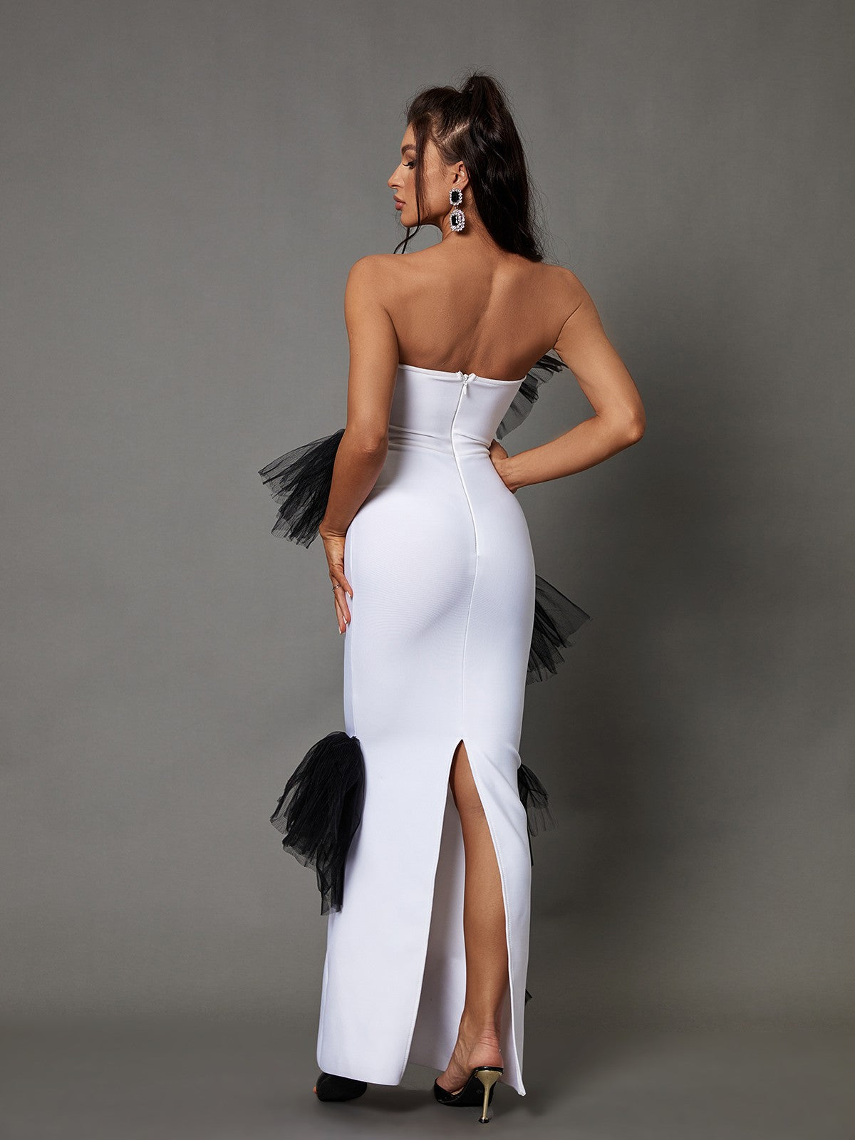 Strapless Tulle Bow Applique Bandage Bodycon Maxi Dress 5