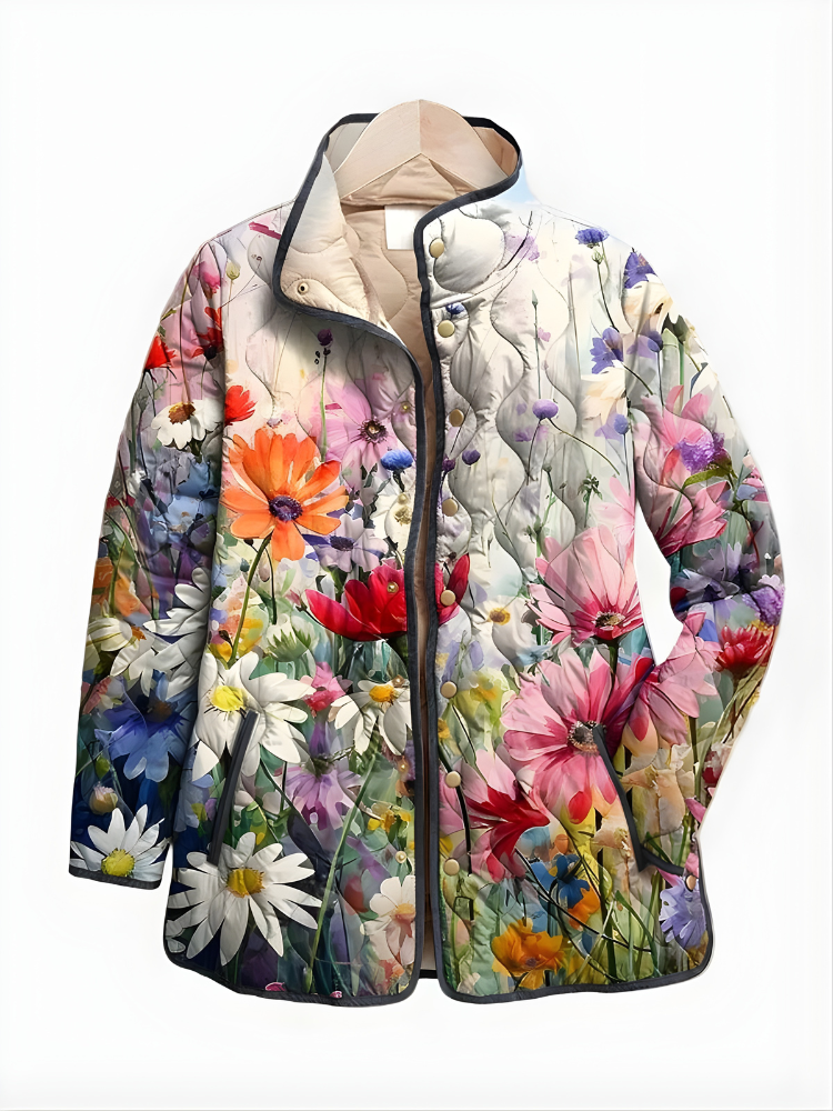 Floral Print Stand Collar Quilted Jacket