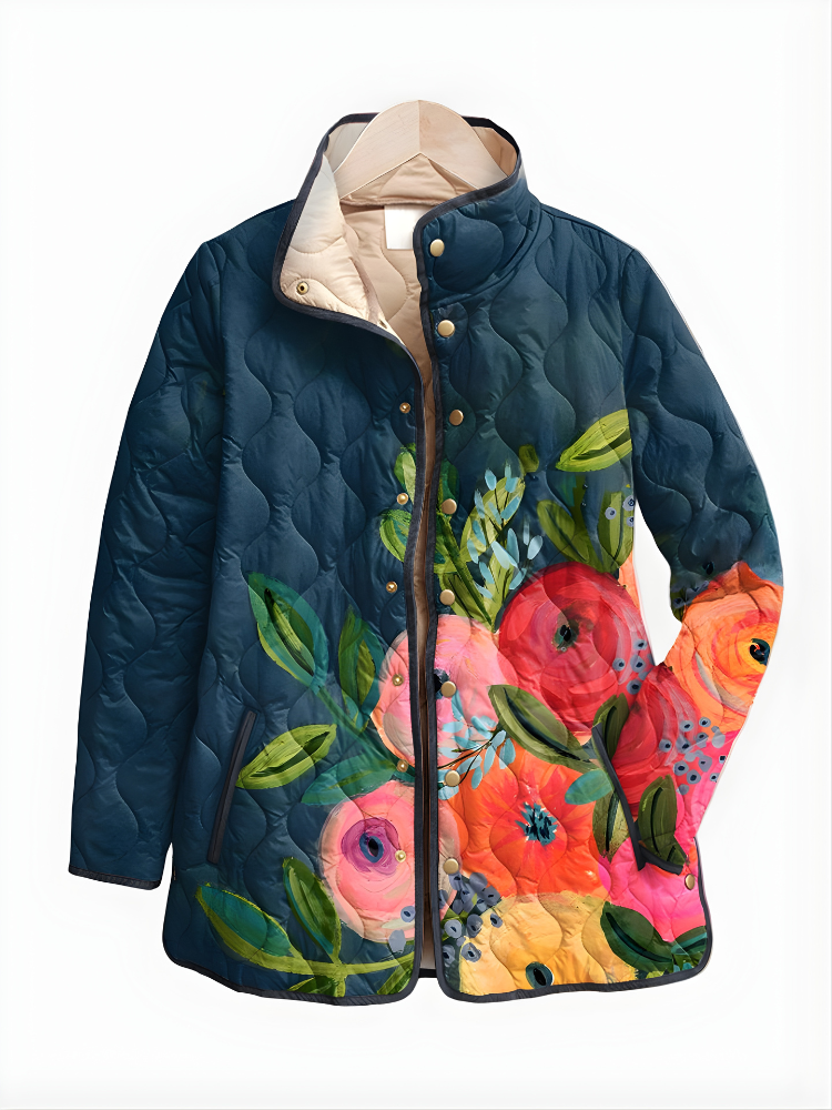 Floral Print Stand Collar Quilted Jacket