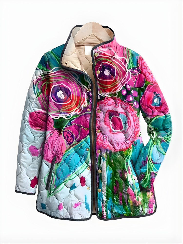 Floral Print Stand Collar Quilted Jacket