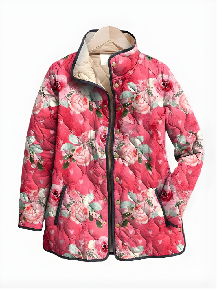 Floral Print Stand Collar Quilted Jacket