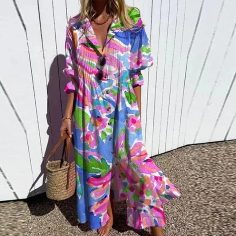 Floral V-Neck Puff Sleeve Tiered Maxi Dress 3