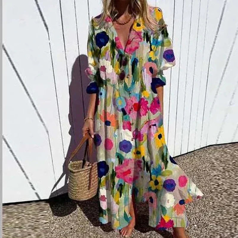 Floral V-Neck Puff Sleeve Tiered Maxi Dress