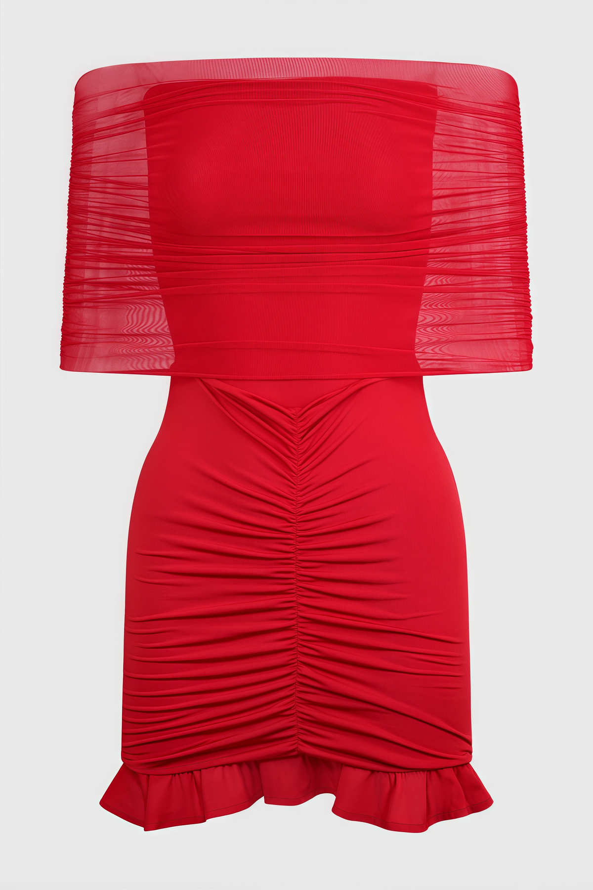 Off Shoulder Ruched Mesh Ruffle Hem Bodycon Mini Dress 6