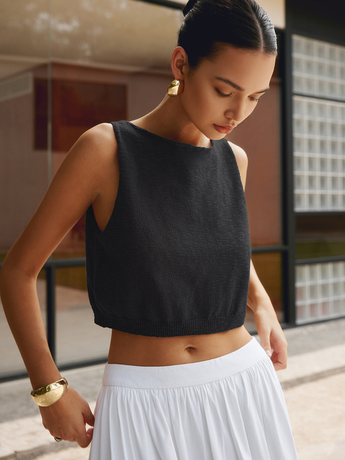Stylish White Sleeveless Crop Top with Soft Fabric and Tailored Fit
