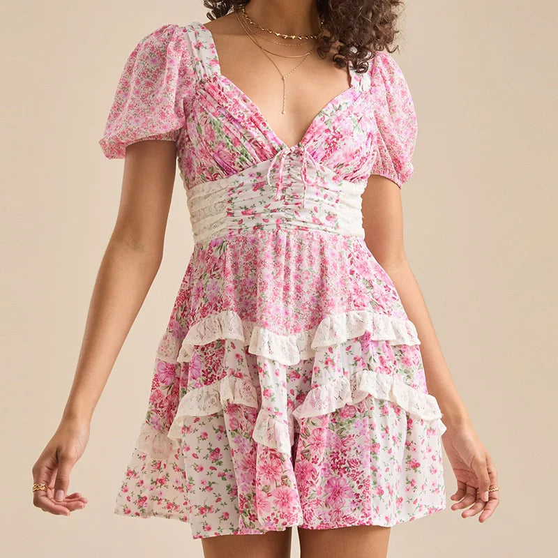 Floral Sweetheart Puff Sleeve Tiered Ruffle Mini Dress