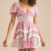 Floral Sweetheart Puff Sleeve Tiered Ruffle Mini Dress