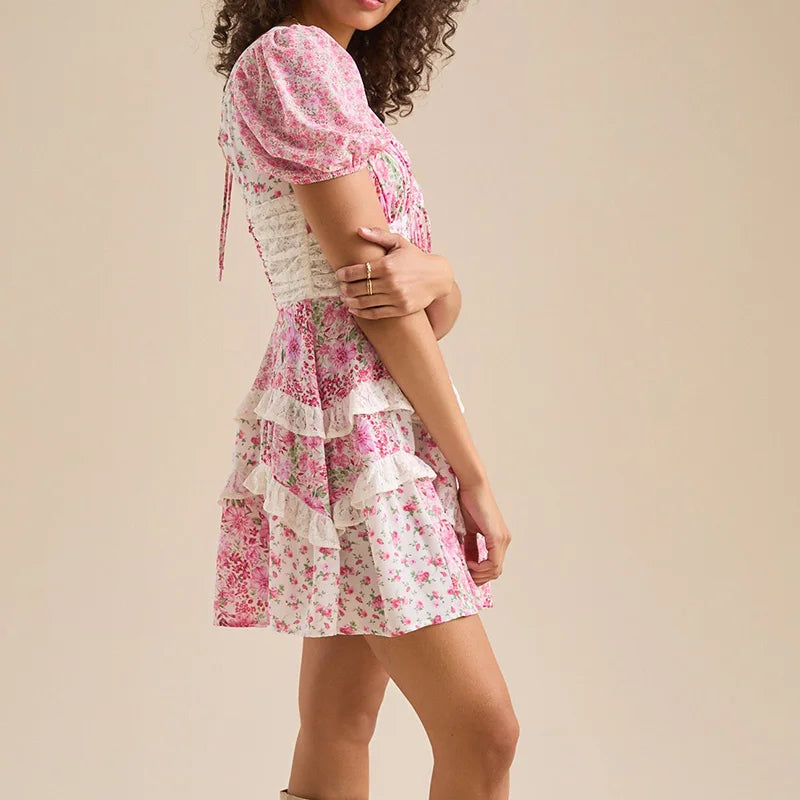 Floral Sweetheart Puff Sleeve Tiered Ruffle Mini Dress 7