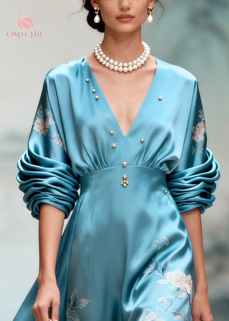 Satin Floral Embroidery Deep V-Neck Ruched Sleeve Button Trim A-Line Maxi Gown