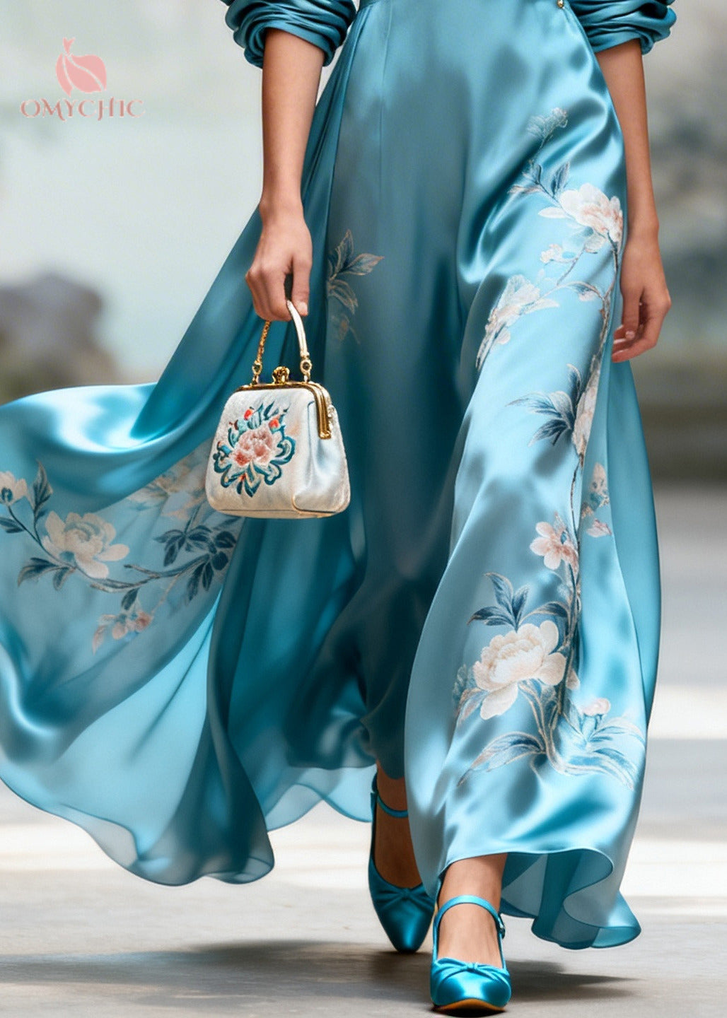 Satin Floral Embroidery Deep V-Neck Ruched Sleeve Button Trim A-Line Maxi Gown