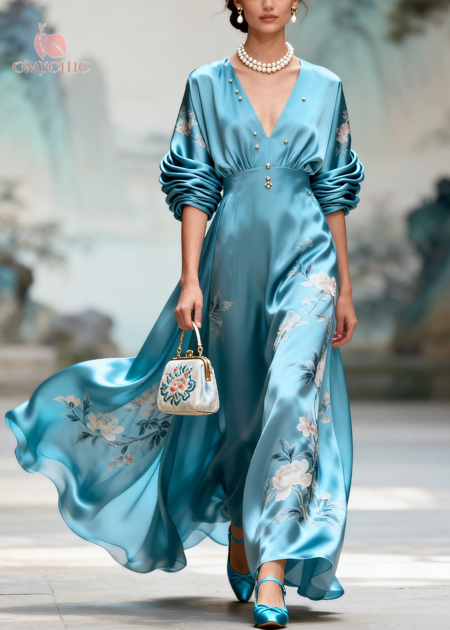 Satin Floral Embroidery Deep V-Neck Ruched Sleeve Button Trim A-Line Maxi Gown