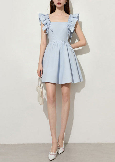 Casual Blue Square Collar Cotton Mini Dress Butterfly Sleeve