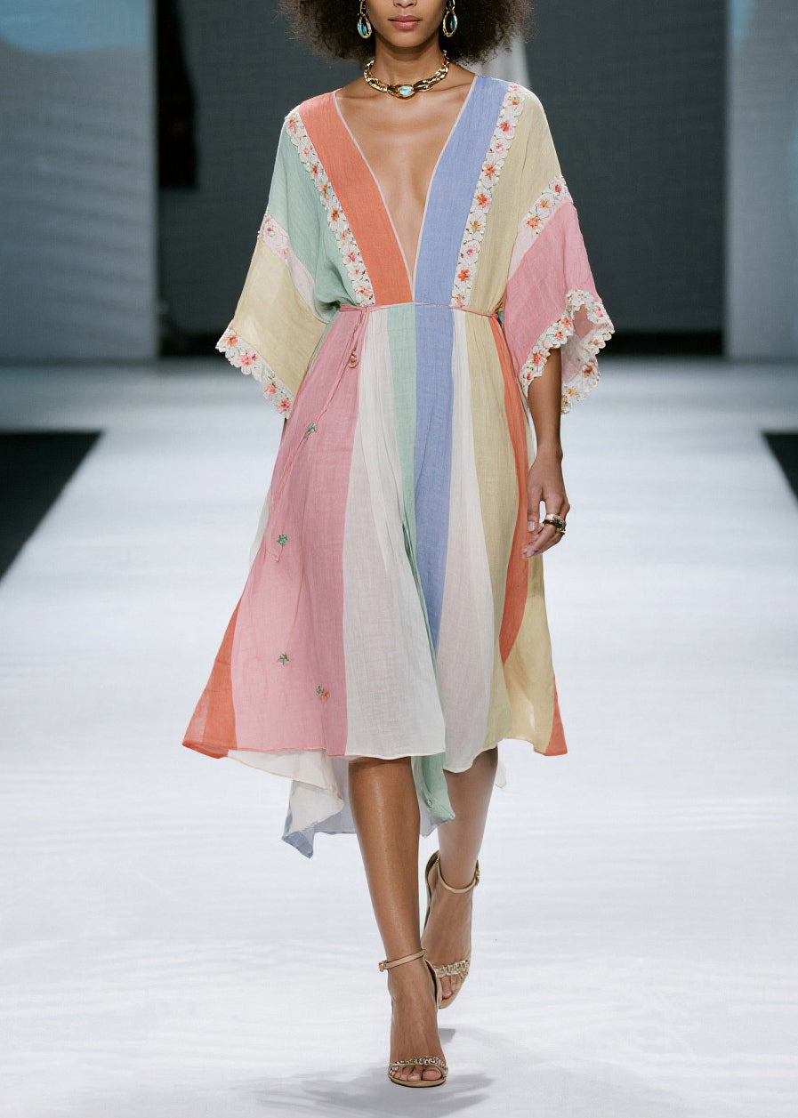 Casual Colorblock V Neck Floral Cotton Dress Summer