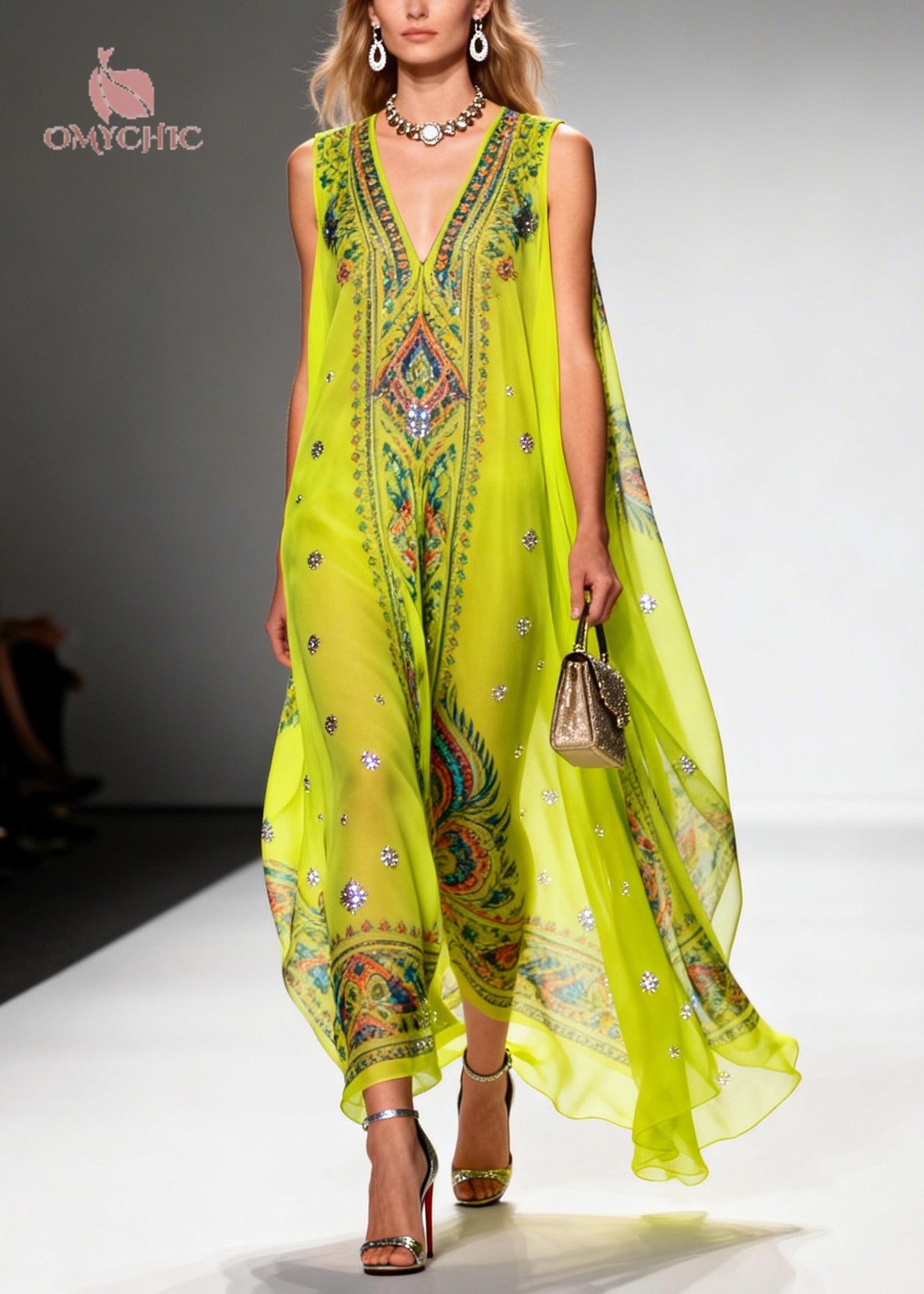 Casual Green Print Sparkly Draping Chiffon Holiday Dresses Summer