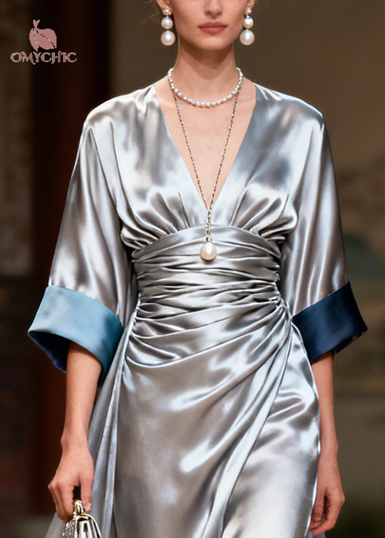 Satin Ruched Wrap Deep V-Neck Contrast Cuff Wide Sleeve Buckle Trim Maxi Gown