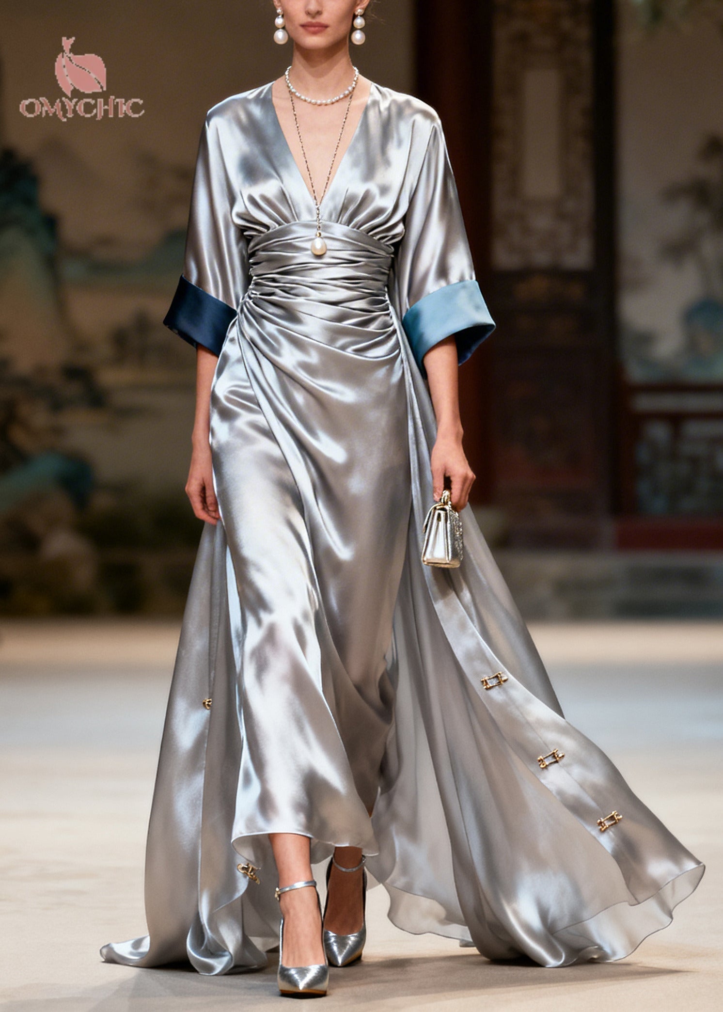 Satin Ruched Wrap Deep V-Neck Contrast Cuff Wide Sleeve Buckle Trim Maxi Gown