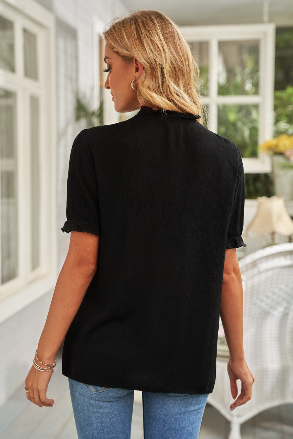 Casual Shirts Women Solid Ruffle Button Down Blouse Crewneck Short Sleeve Loose Tunic Top