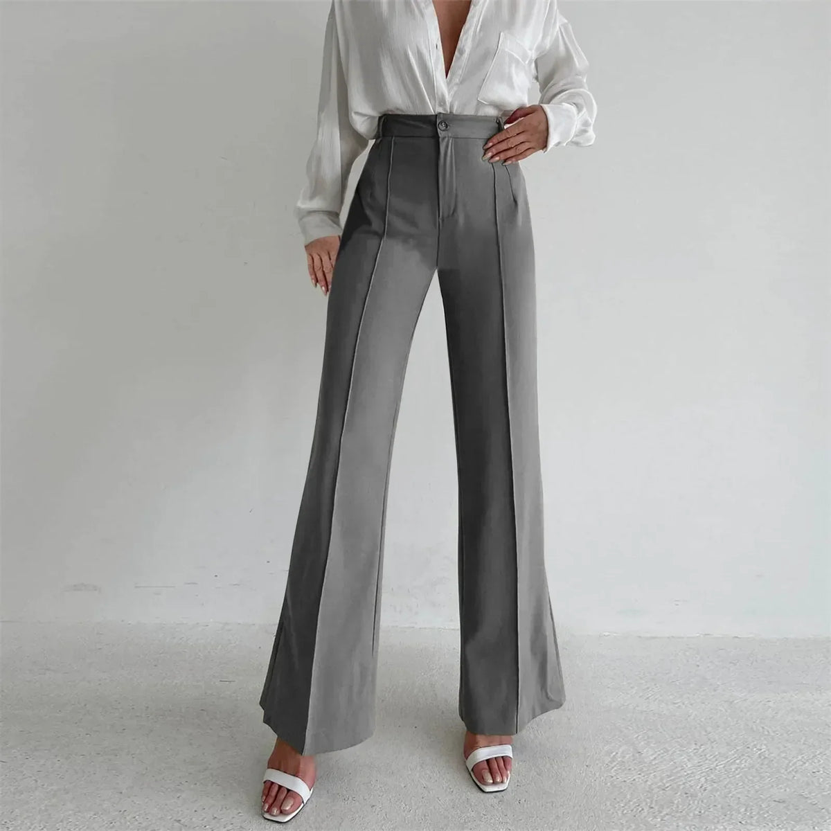 High Waist Front Seam Pleated Flare Leg Tailored Trousers 5