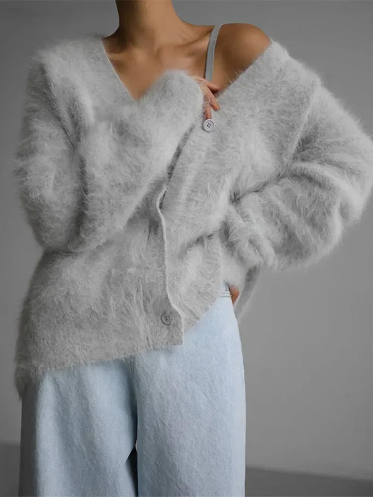 V-Neck Fuzzy Knit Button Front Long Sleeve Oversized Cardigan 6