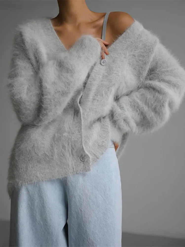 V-Neck Fuzzy Knit Button Front Long Sleeve Oversized Cardigan 9