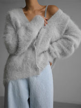 Furry Button Long Sleeve Cardigan Light gray / S