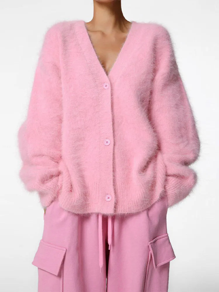 V-Neck Fuzzy Knit Button Front Long Sleeve Oversized Cardigan 10