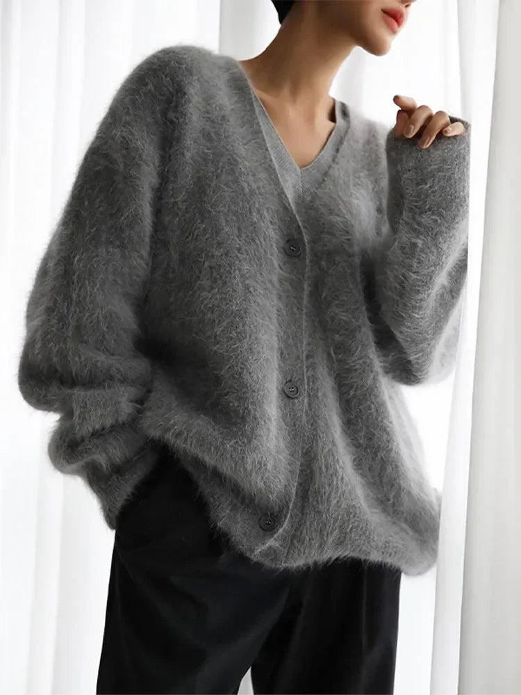 V-Neck Fuzzy Knit Button Front Long Sleeve Oversized Cardigan 2