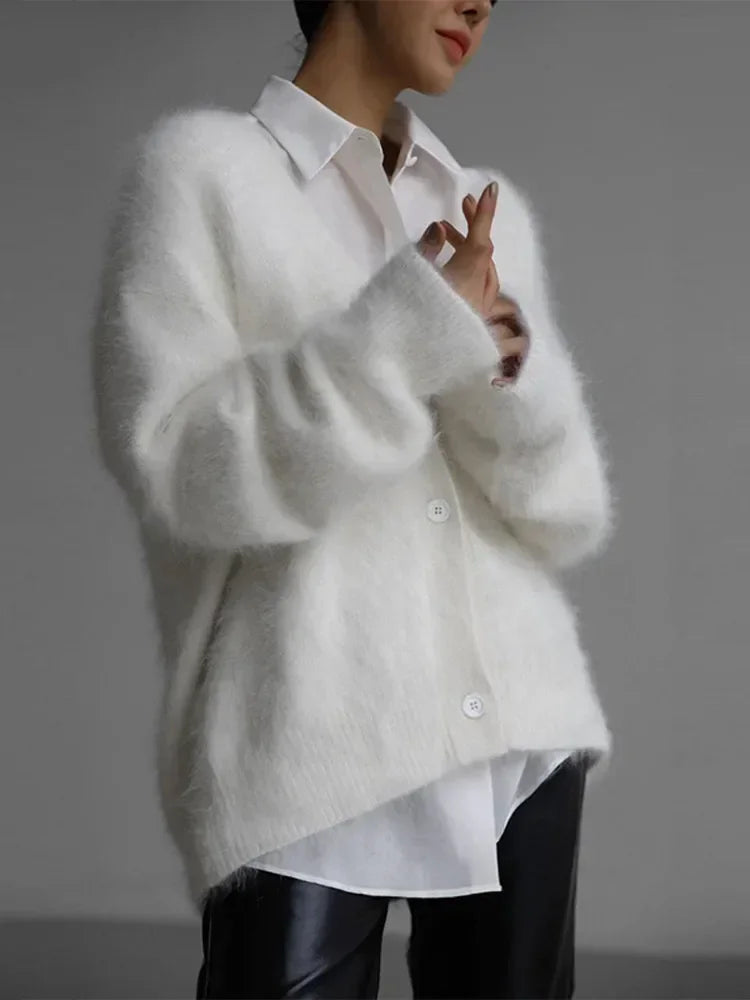 V-Neck Fuzzy Knit Button Front Long Sleeve Oversized Cardigan 5