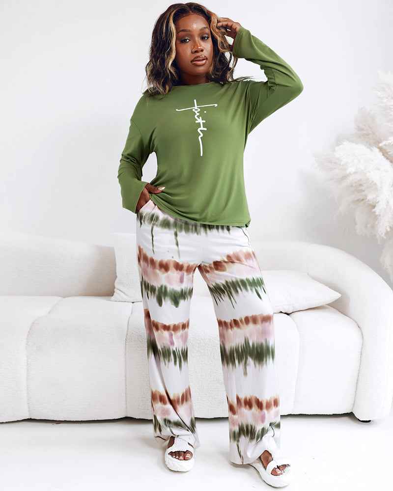 Multicolor Pajama Set Soft Long Sleeve Ombre Pants All Day Comfort Polyester Elastane Blend