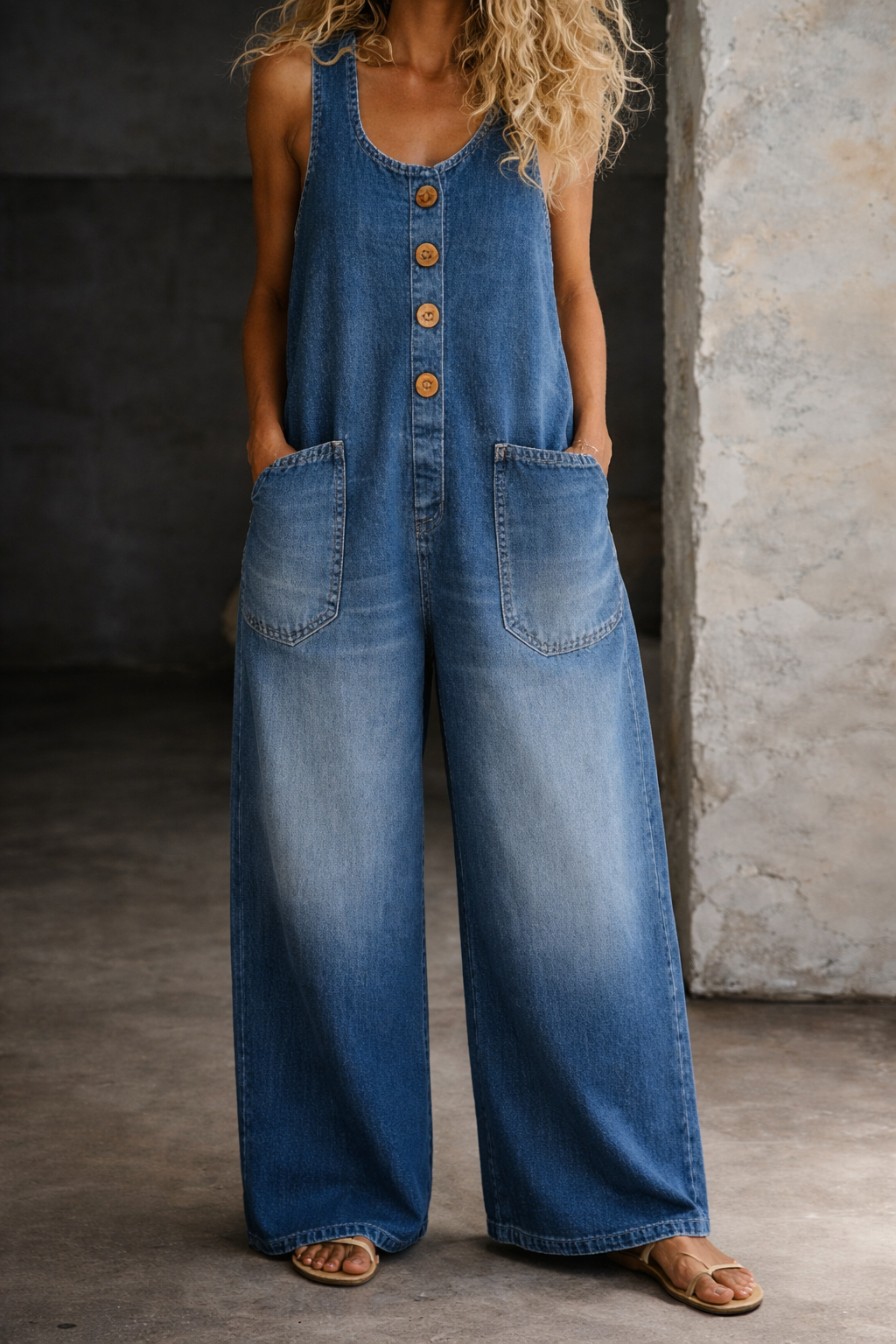 Sleeveless Button Front Wide Leg Denim Jumpsuit