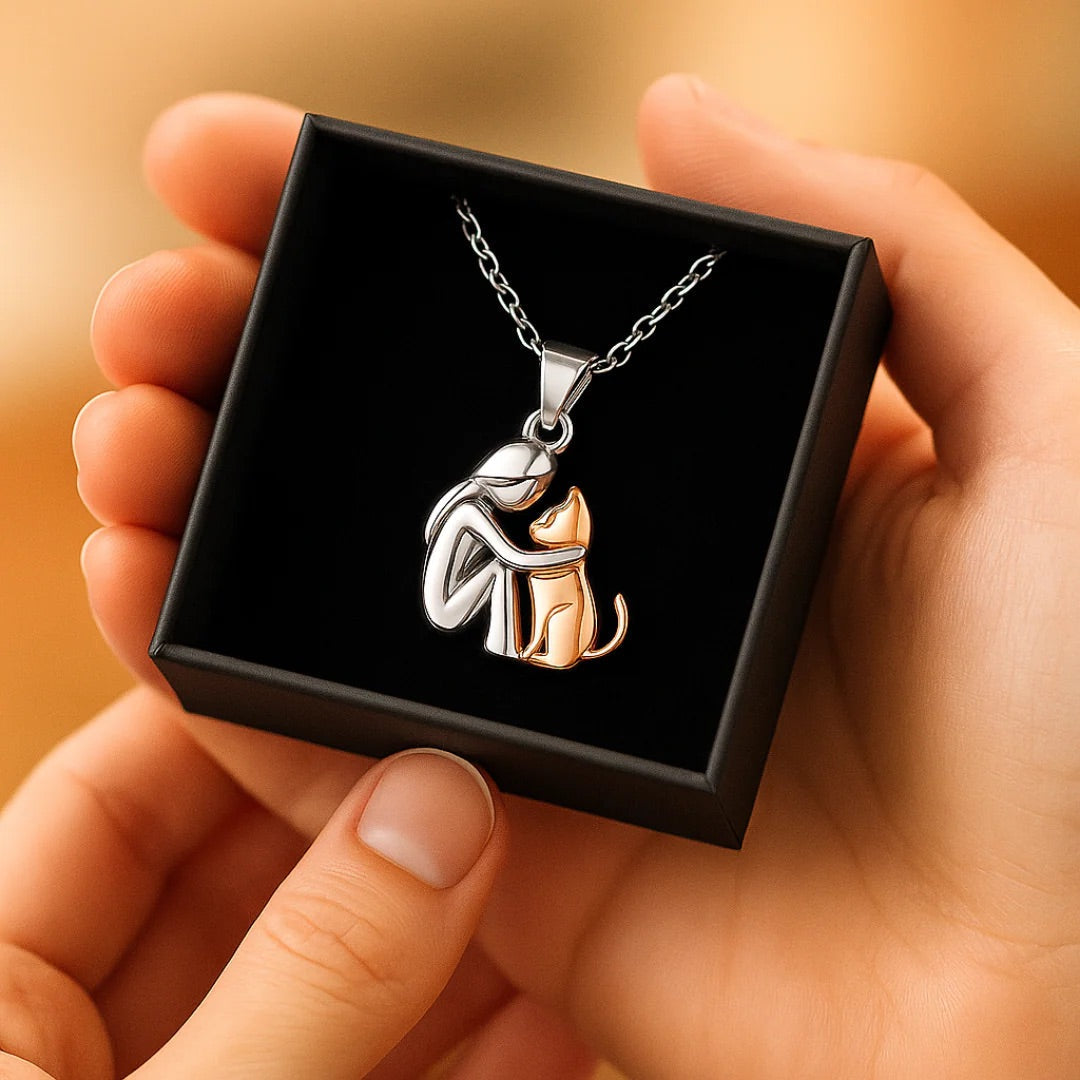 Girl and Cat Hug Pendant Chain Necklace