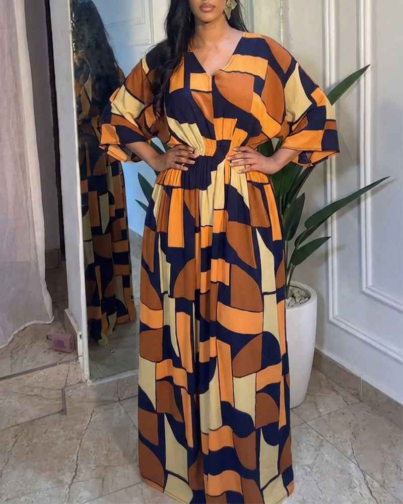 Chic Colorblock Geometric Jumpsuit with Belted Waist and Pockets