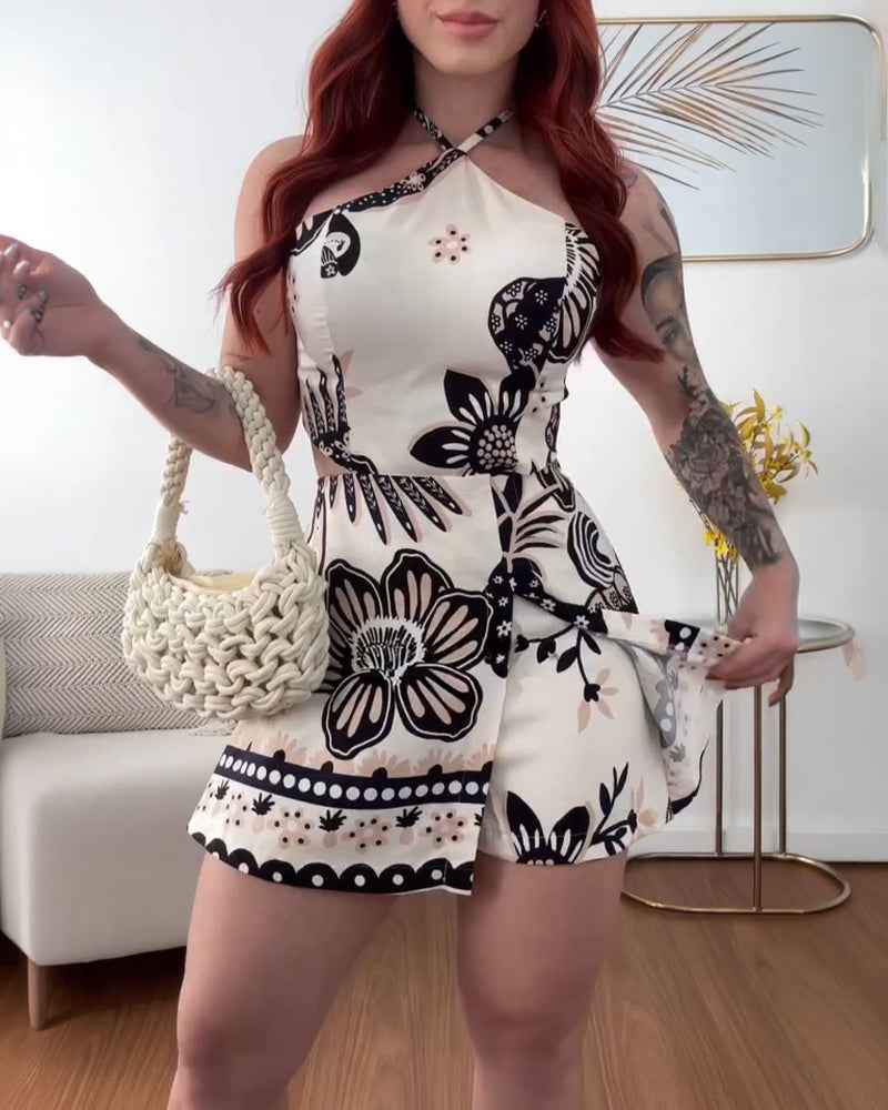 Vibrant Floral Summer Romper with Adjustable Straps & Pockets