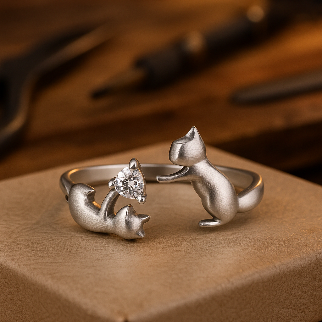 Cat and Heart Stone Adjustable Open Ring