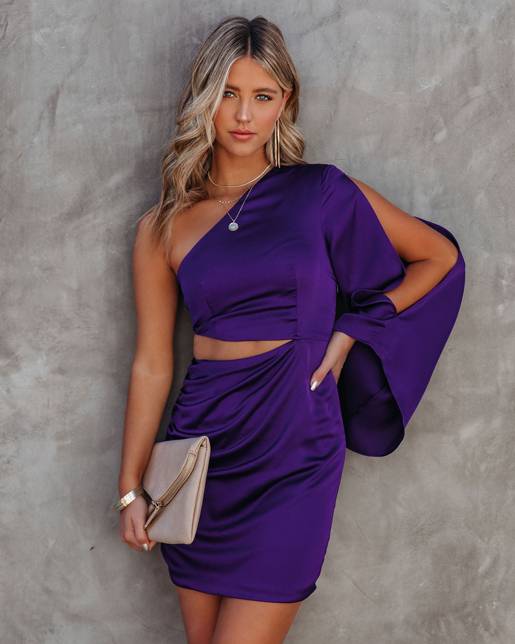 Caydan Satin One Shoulder Cutout Dress Plum FINAL
