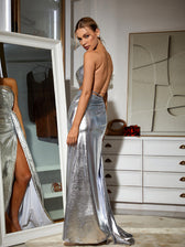 Celina One Shoulder Metallic Maxi Dress In Silver - View 2