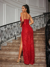 Strapless Rhinestone Sequin Split Maxi Dress - View 6