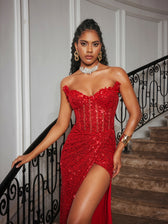 Strapless Rhinestone Sequin Split Maxi Dress - View 2