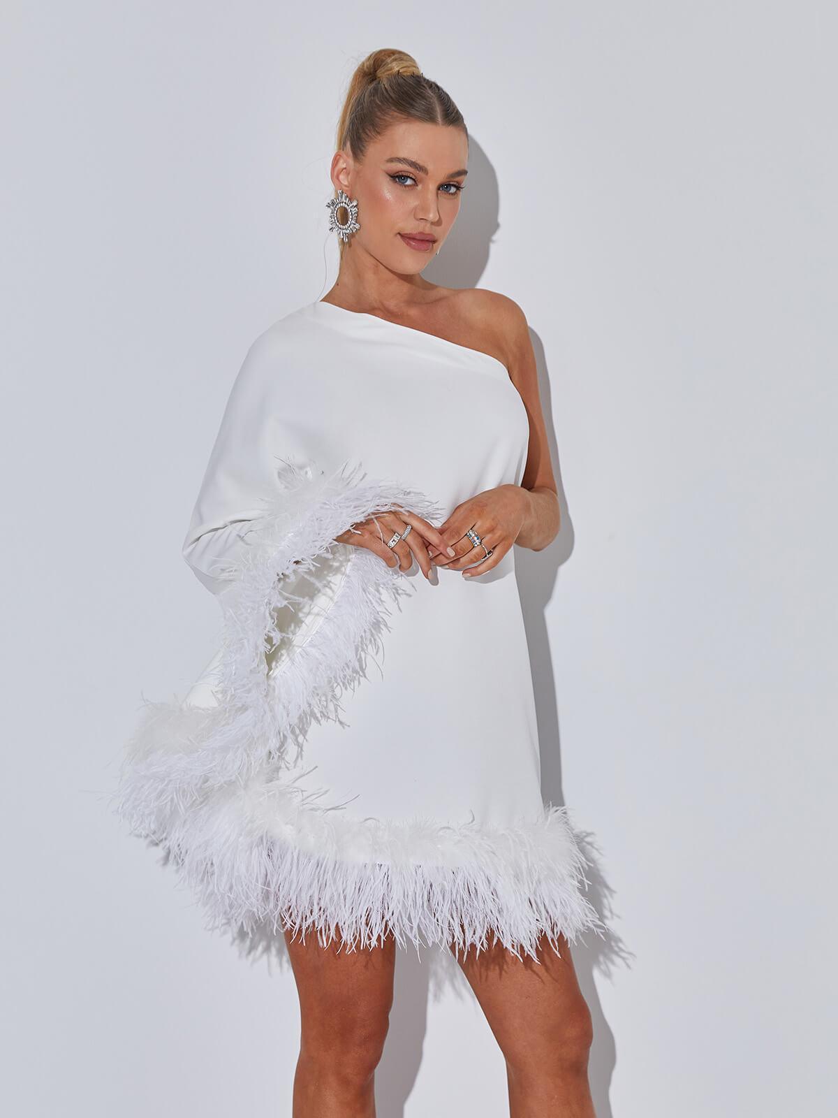 One Shoulder Cape Sleeve Feather Trim Hem Mini Dress