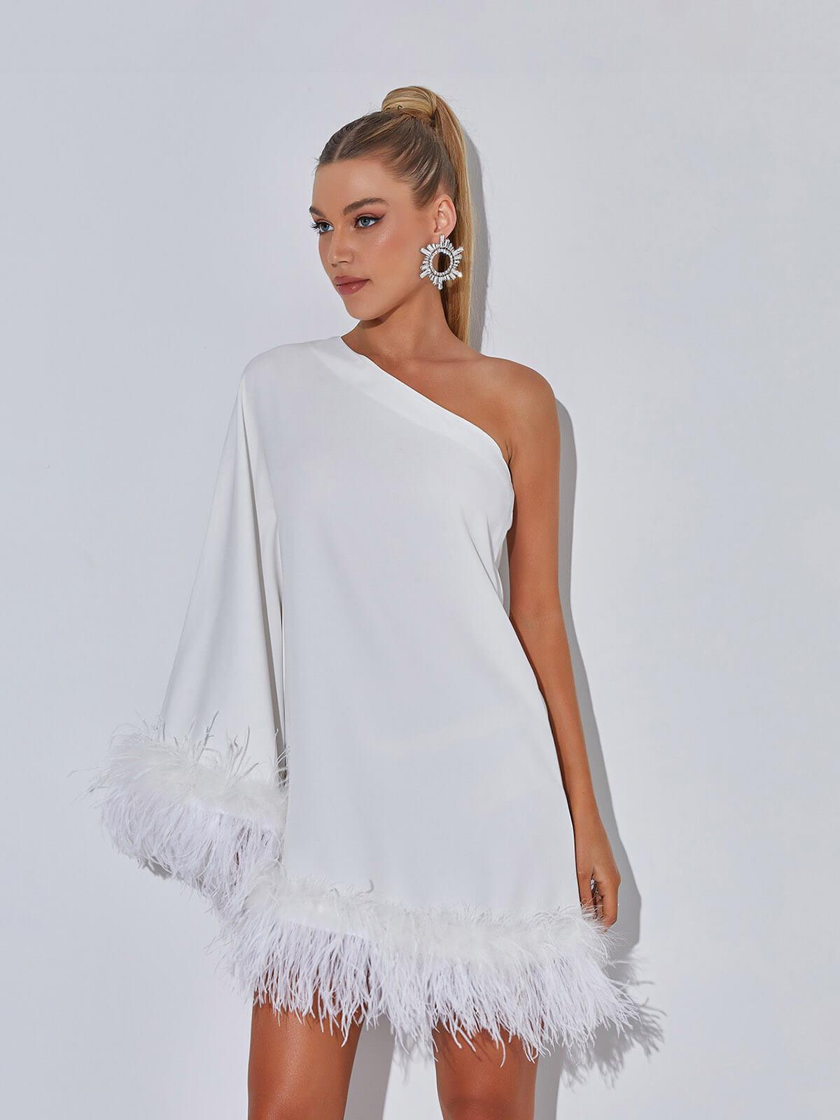 Ceridwen One Shoulder Feather Mini Dress In White 4