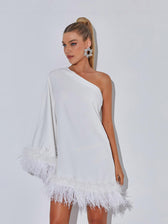 Ceridwen One Shoulder Feather Mini Dress In White 4