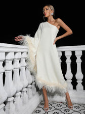 Ceridwen One Shoulder Feather Trimmed Maxi Dress In White 4