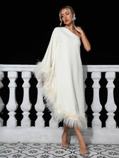 Ceridwen One Shoulder Feather Trimmed Maxi Dress In White 2