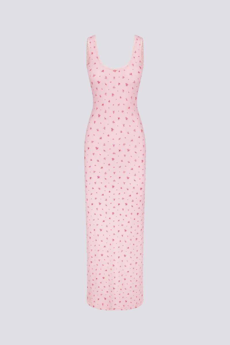 Sara Premium Cherry Red Backless Maxi Dress with Floral Print Designer Edit