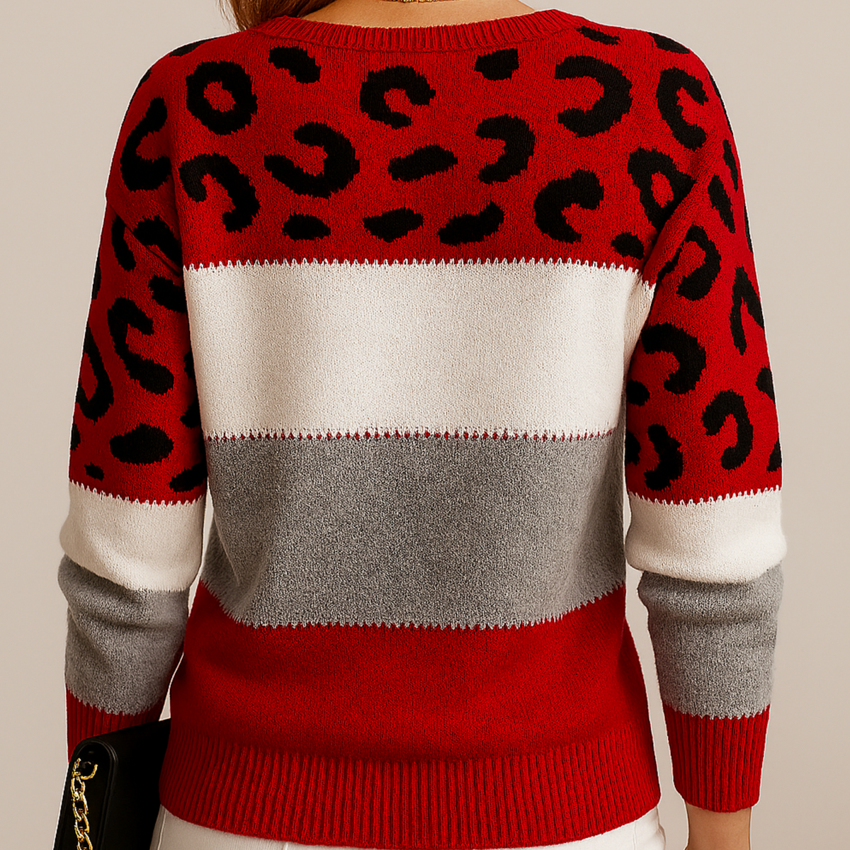 Boat Neck Leopard Print Colorblock Knit Sweater