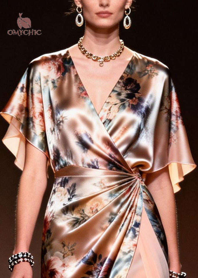 Floral Print Satin Deep V-Neck Flutter Sleeve Wrap Ruched High Split Midi Dress