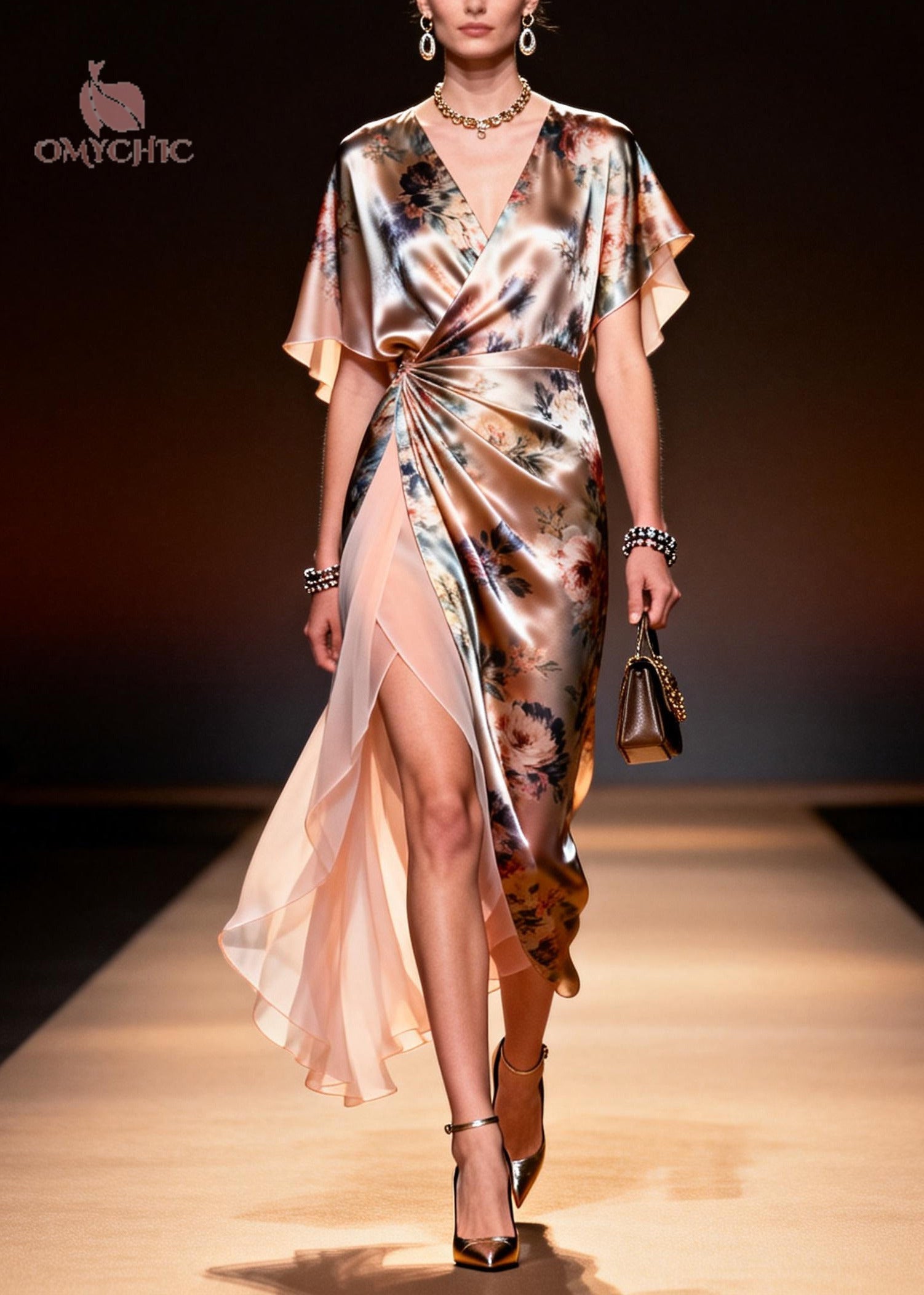 Floral Print Satin Deep V-Neck Flutter Sleeve Wrap Ruched High Split Midi Dress