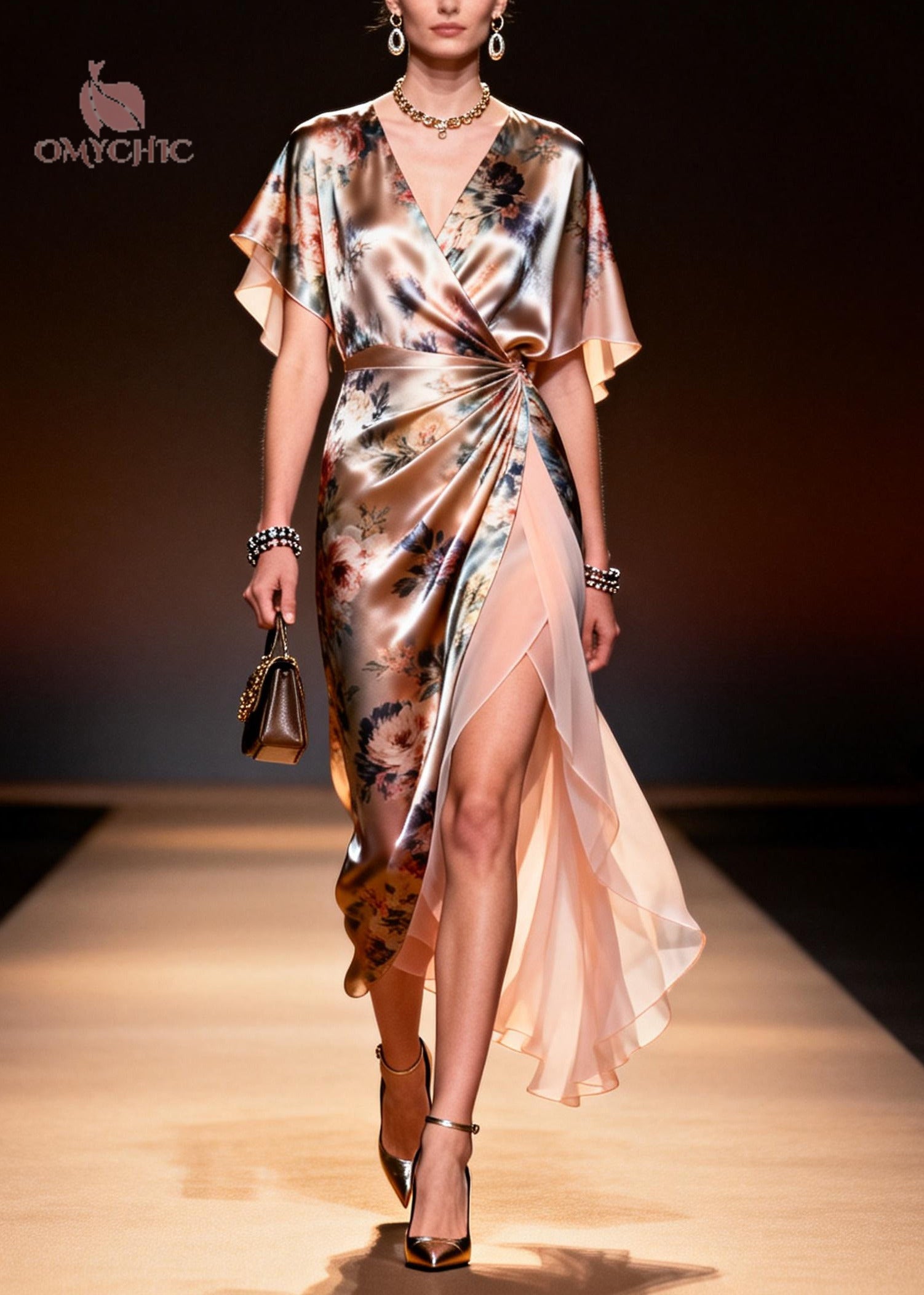 Floral Print Satin Deep V-Neck Flutter Sleeve Wrap Ruched High Split Midi Dress