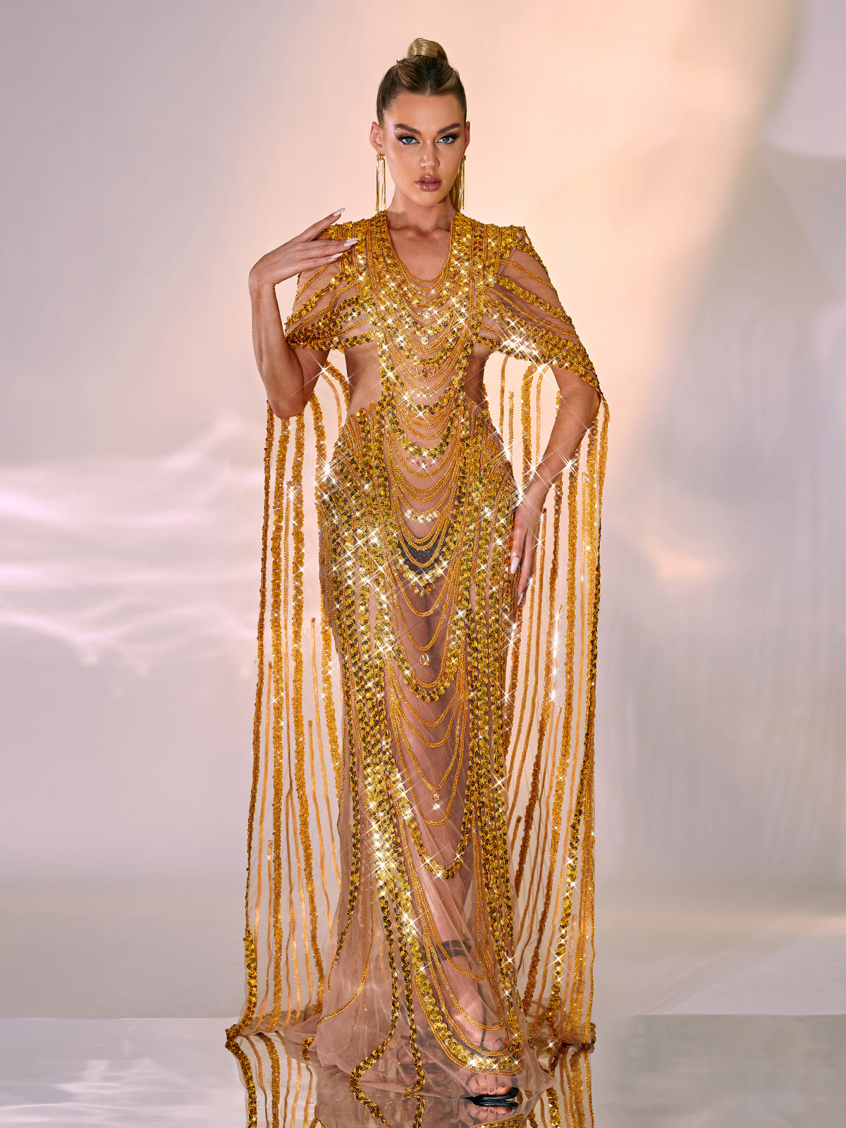 Sequin Beaded Draped Chain Sheer Mesh Cape Sleeve Maxi Gown